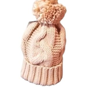 Cable Knit winter hat with large pompom tan color OS